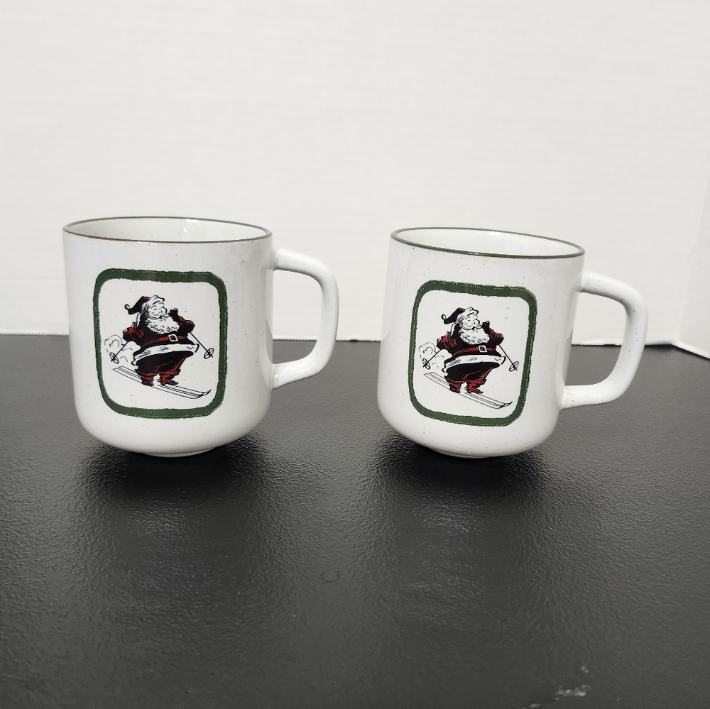 Hearth & Hand White Ceramic Mugs with Skiing Santa Design (Pair)